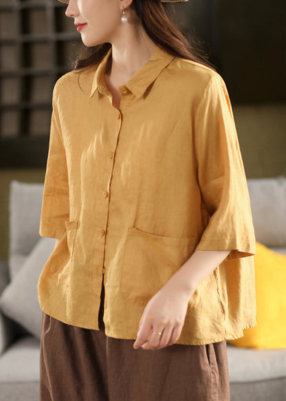 Yellow Sleeve Blouse Pockets Bracelet Art Pan Linen Peter Collar