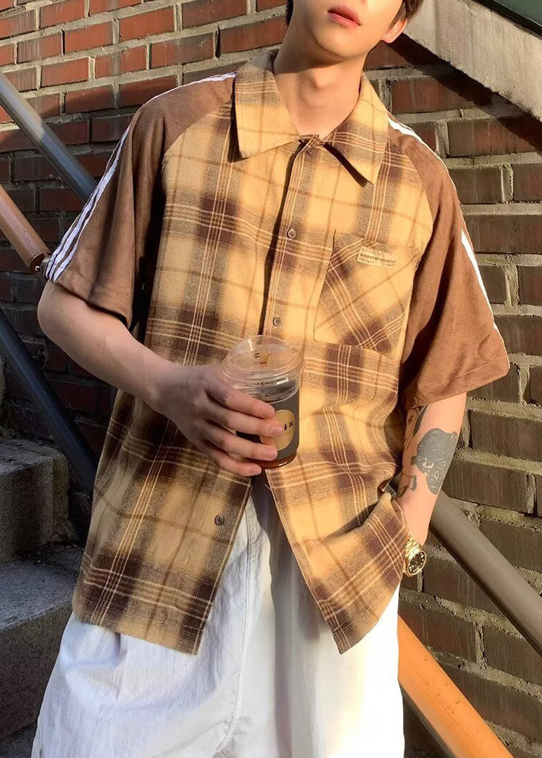 Shirt Mens Art Half Cotton Plaid Sleeve Yellow Patchwork