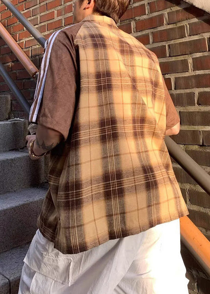 Shirt Mens Art Half Cotton Plaid Sleeve Yellow Patchwork