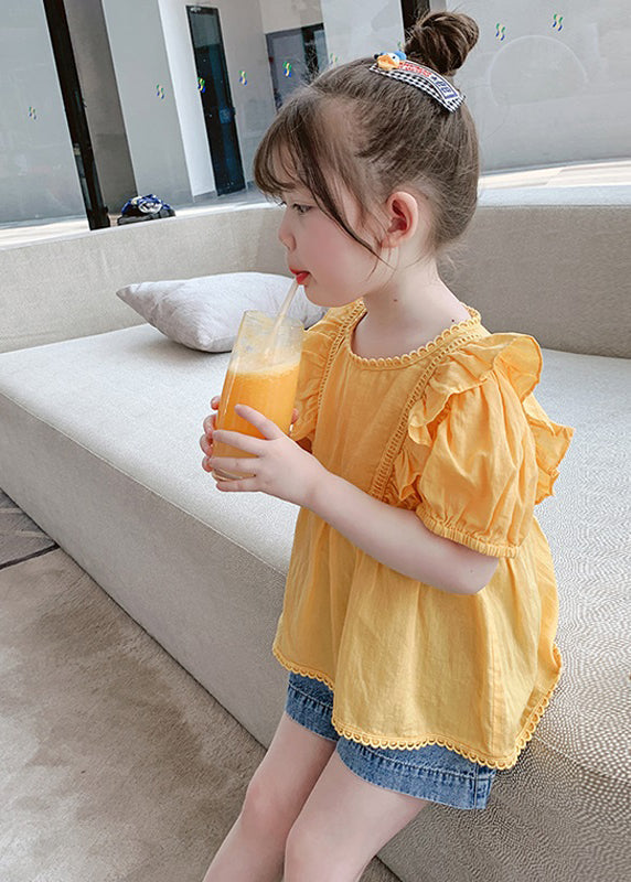 Art Yellow Ruffled Patchwork Girls Top Short Sleeve SS1017