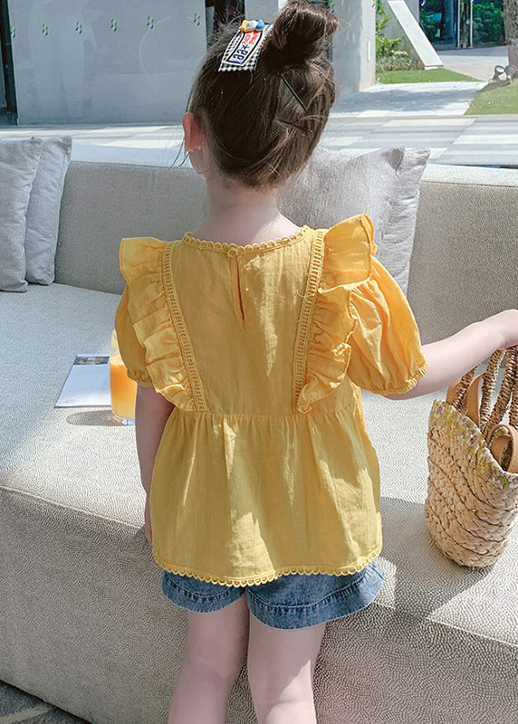 Art Yellow Ruffled Patchwork Girls Top Short Sleeve SS1017