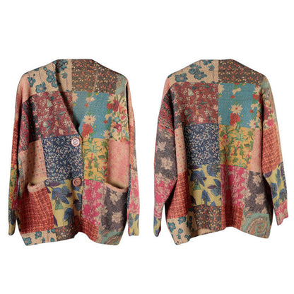 Plus Size Autumn Colorful Flower Knitted Floral Sweater Coat AS1048