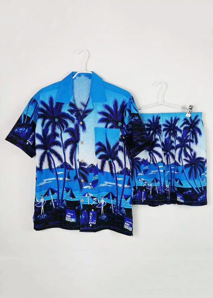 Beach Blue Button Print Shirt And Shorts Cotton Mens Two Piece Set Short Sleeve HG052