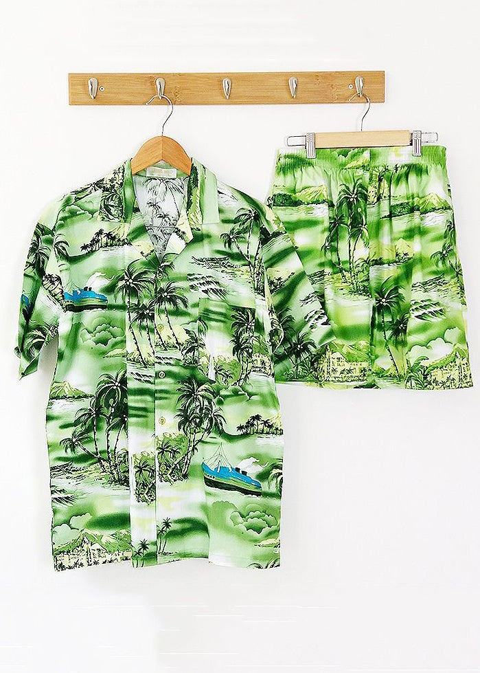 Beach Blue Button Print Shirt And Shorts Cotton Mens Two Piece Set Short Sleeve HG052