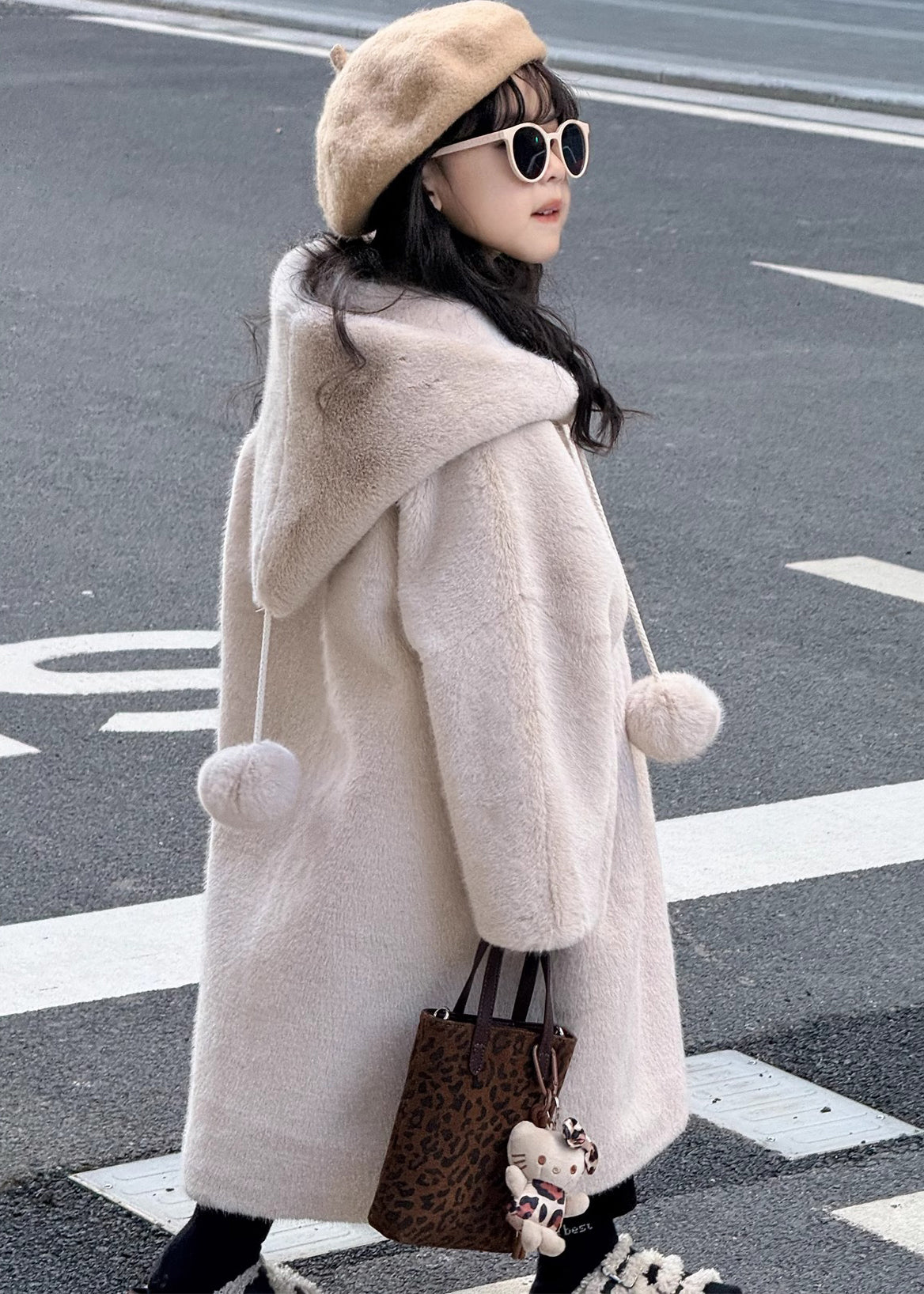 Beautiful Apricot Fuzzy Ball Decorated Girls Mink Velvet Hoodies Long Coats Winter TG021