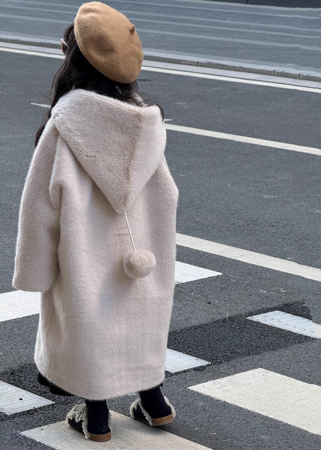 Beautiful Apricot Fuzzy Ball Decorated Girls Mink Velvet Hoodies Long Coats Winter TG021