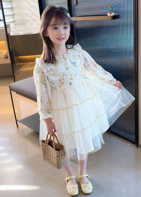 Beautiful Apricot Peter Pan Collar Patchwork Tulle Girls Long Dresses Long Sleeve SS1040