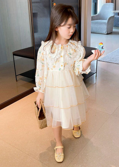 Beautiful Apricot Peter Pan Collar Patchwork Tulle Girls Long Dresses Long Sleeve SS1040