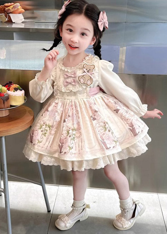 Beautiful Apricot Print Ruffled Girls Vacation Mid Dresses Spring YE024