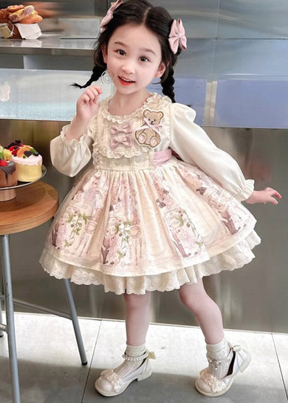 Beautiful Apricot Print Ruffled Girls Vacation Mid Dresses Spring YE024