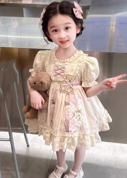 Beautiful Apricot Print Ruffled Girls Vacation Mid Dresses Spring YE024