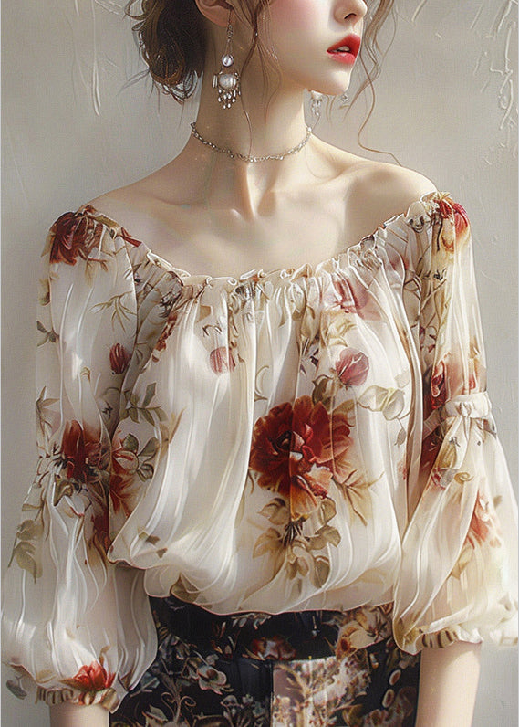 Beautiful Apricot Slash Neck Print Chiffon Top Half Sleeve GEM576