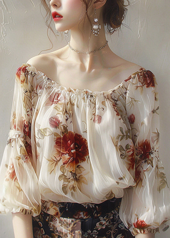 Beautiful Apricot Slash Neck Print Chiffon Top Half Sleeve GEM576