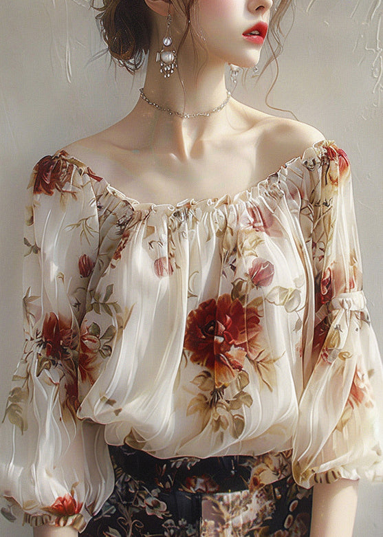 Beautiful Apricot Slash Neck Print Chiffon Top Half Sleeve GEM576