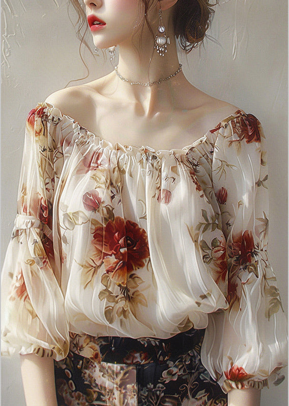 Beautiful Apricot Slash Neck Print Chiffon Top Half Sleeve GEM576