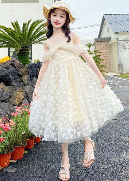 Beautiful Beige O-Neck Butterfly Tulle Girls Long Dresses Summer TT033