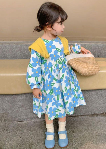 Beautiful Blue O Neck Print Cotton Girls Long Dress Long Sleeve XZ089