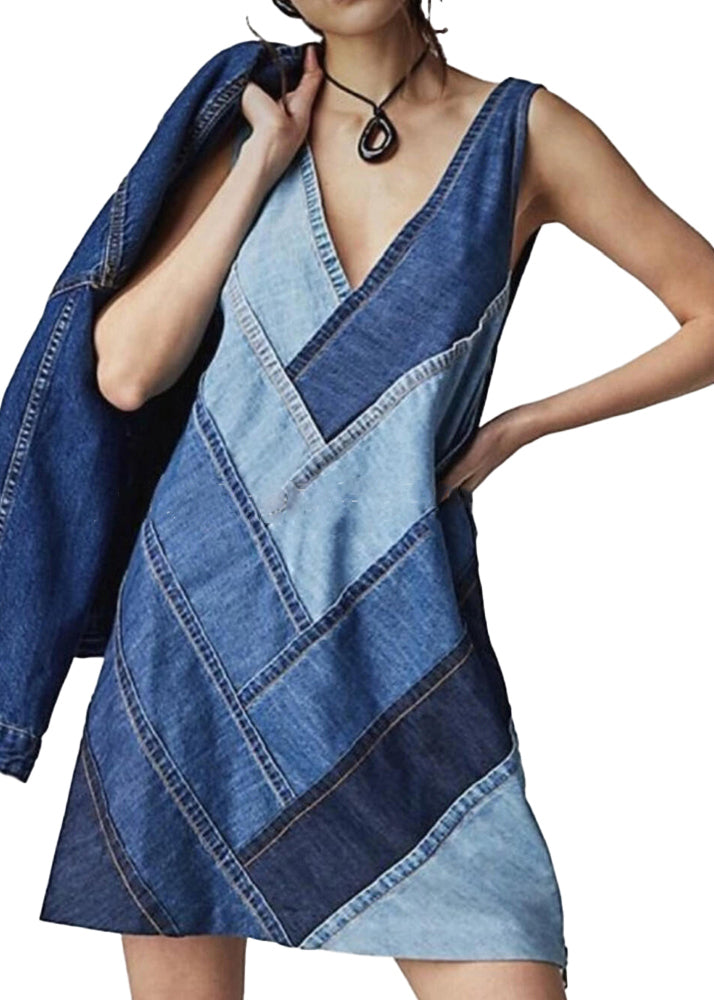Sleeveless Patchwork Neck Dress V Beautiful Blue Denim