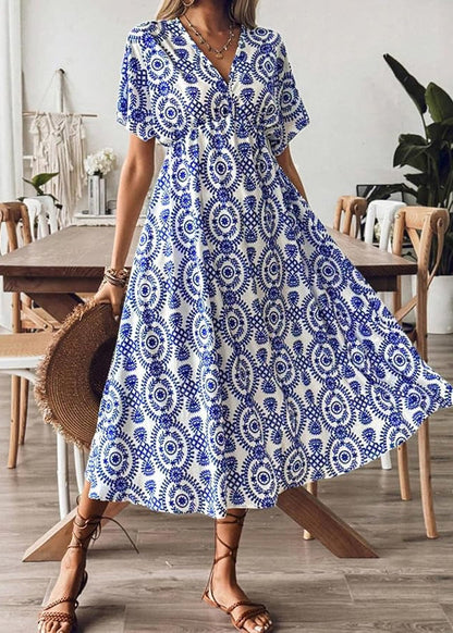 Beautiful Blue V Neck Print Cotton Vacation Dresses Summer AU1029