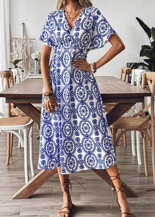 Beautiful Blue V Neck Print Cotton Vacation Dresses Summer AU1029