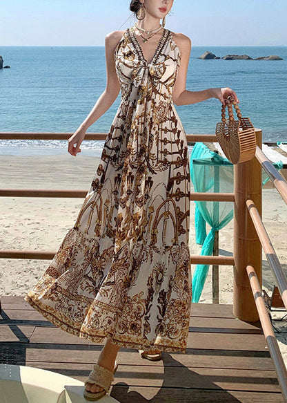 Print Sundress Summer Brown Beach Beautiful Chiffon