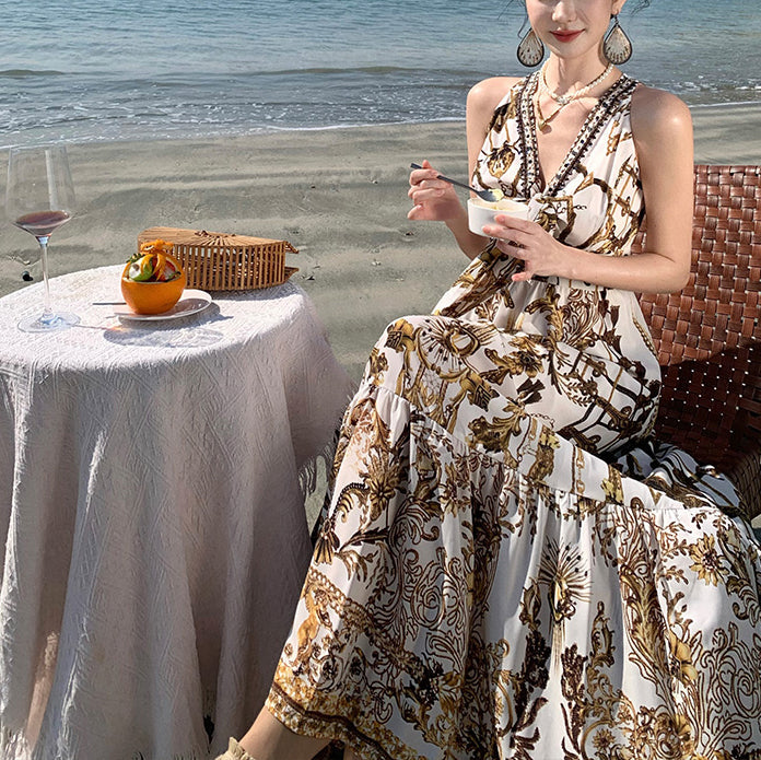 Print Sundress Summer Brown Beach Beautiful Chiffon