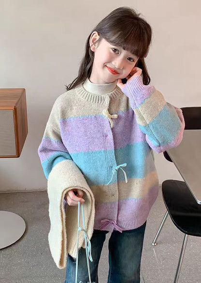 Beautiful Colorblock O-Neck Button Cotton Knit Girls Cardigan Winter WL045