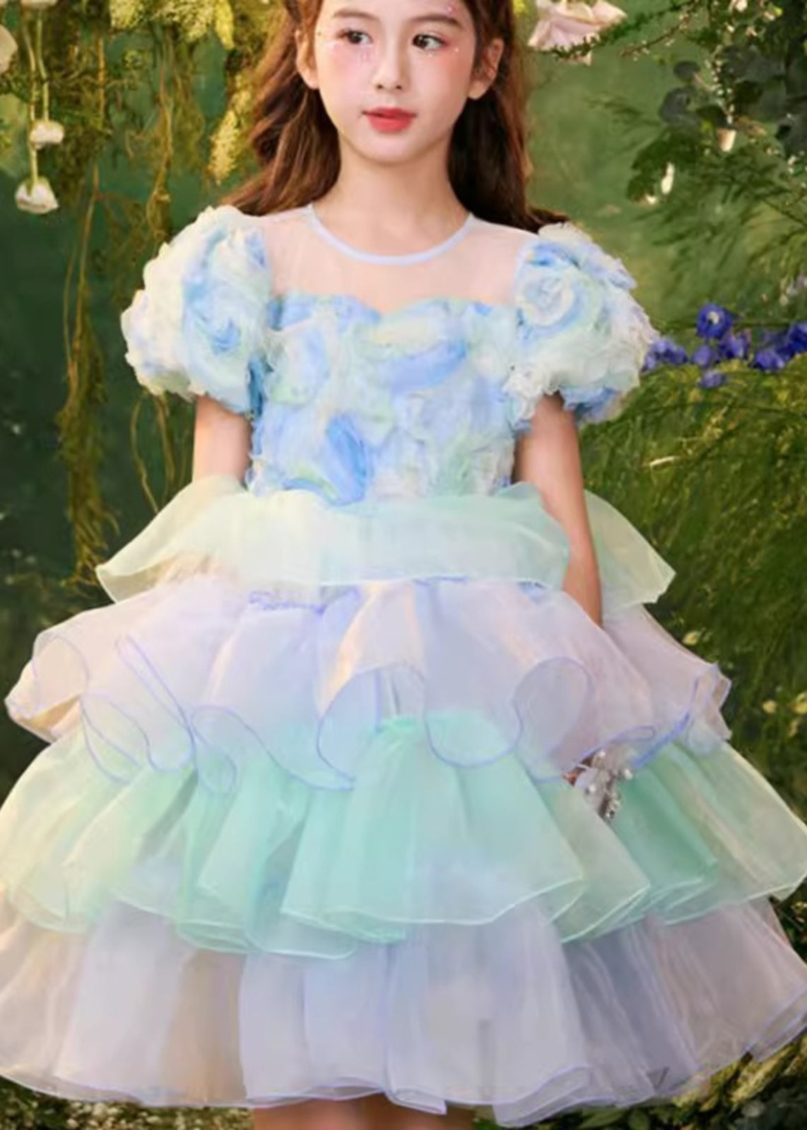 Beautiful Colorblock O-Neck Tulle Patchwork Girls Mid Dress Summer XZ045