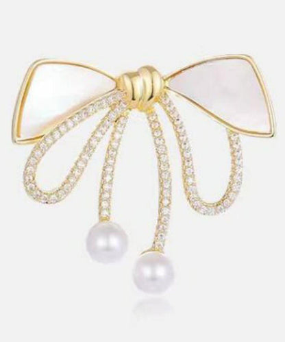 Beautiful Gold Sterling Silver Alloy Zircon Bow Pearl Brooches WP005