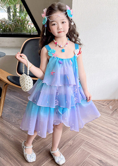 Beautiful Gradient Color Zippered Patchwork Chiffon Girls Dresses Sleeveless TT043