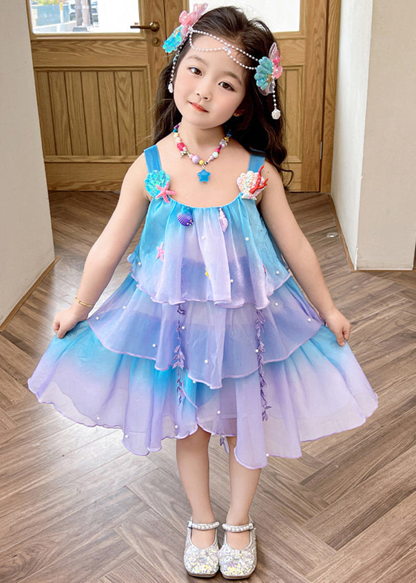 Beautiful Gradient Color Zippered Patchwork Chiffon Girls Dresses Sleeveless TT043