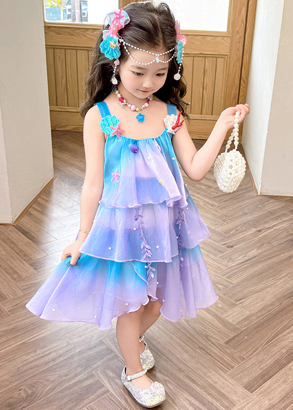 Beautiful Gradient Color Zippered Patchwork Chiffon Girls Dresses Sleeveless TT043