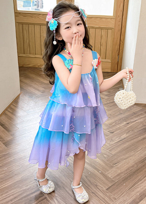 Beautiful Gradient Color Zippered Patchwork Chiffon Girls Dresses Sleeveless TT043