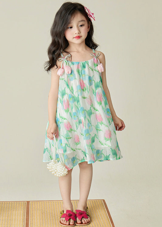 Beautiful Green Print Patchwork Cotton Girls Spaghetti Strap Dress Sleeveless EW038