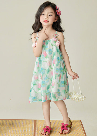 Beautiful Green Print Patchwork Cotton Girls Spaghetti Strap Dress Sleeveless EW038