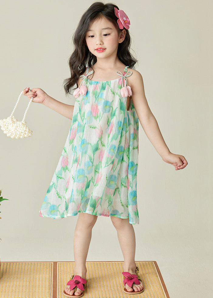 Beautiful Green Print Patchwork Cotton Girls Spaghetti Strap Dress Sleeveless EW038