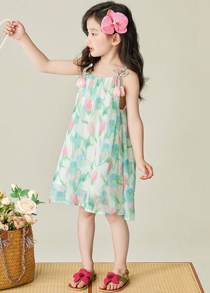 Beautiful Green Print Patchwork Cotton Girls Spaghetti Strap Dress Sleeveless EW038