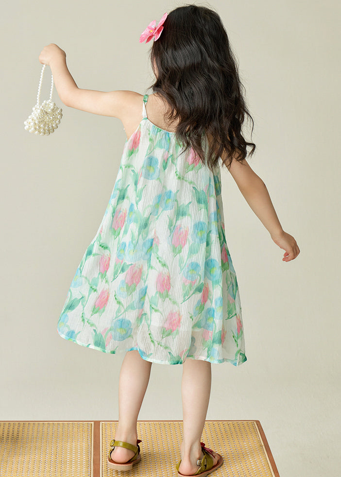 Beautiful Green Print Patchwork Cotton Girls Spaghetti Strap Dress Sleeveless EW038