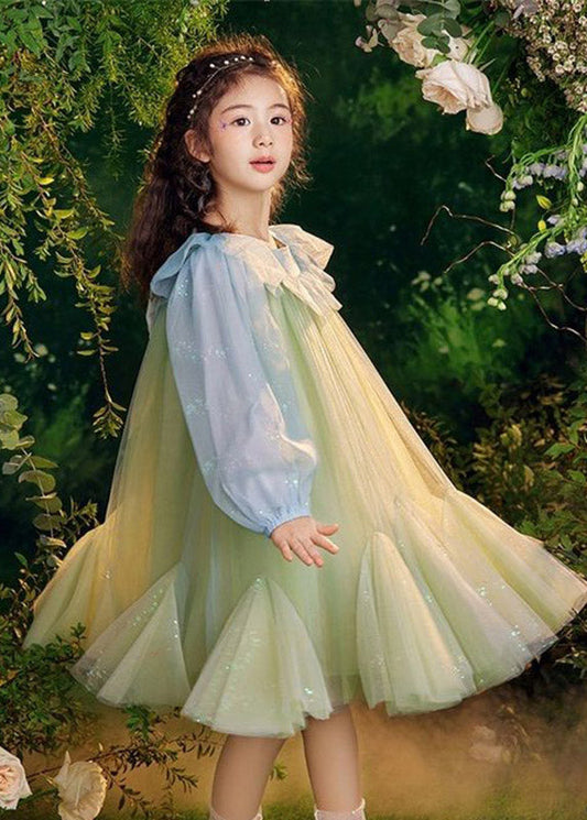 Beautiful Green Sequins Tulle Kids Long Dresses Puff Sleeve TV031