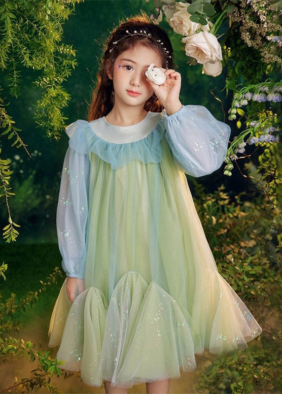 Beautiful Green Sequins Tulle Kids Long Dresses Puff Sleeve TV031