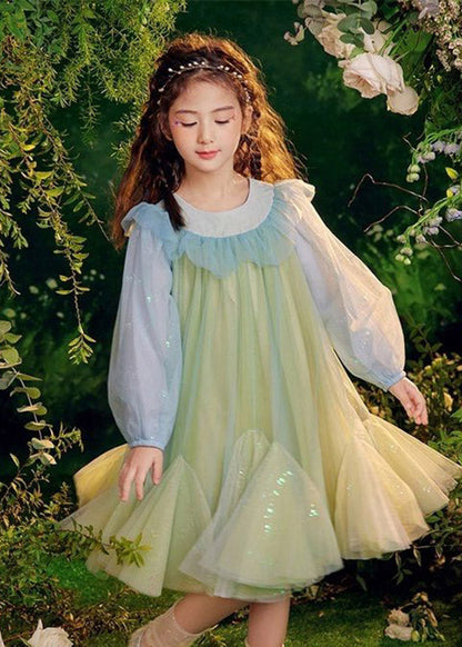 Beautiful Green Sequins Tulle Kids Long Dresses Puff Sleeve TV031