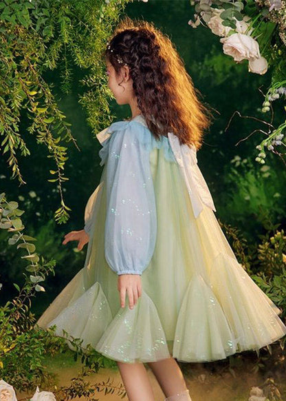Beautiful Green Sequins Tulle Kids Long Dresses Puff Sleeve TV031