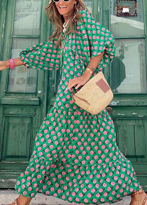 Beautiful Cotton Sleeve Dresses Print Long Puff Neck V Green
