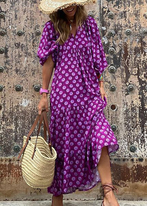 Beautiful Cotton Sleeve Dresses Print Long Puff Neck V Green