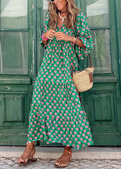 Beautiful Cotton Sleeve Dresses Print Long Puff Neck V Green