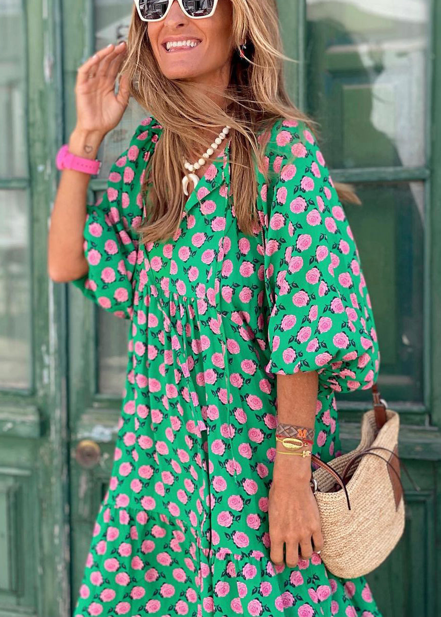 Beautiful Cotton Sleeve Dresses Print Long Puff Neck V Green