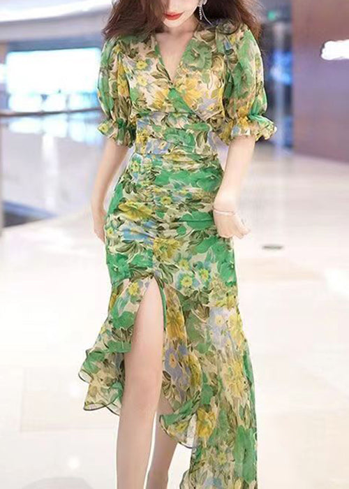 Beautiful Green V Neck Print Patchwork Chiffon Long Dress Summer XX051