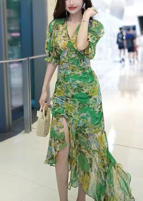 Beautiful Green V Neck Print Patchwork Chiffon Long Dress Summer XX051