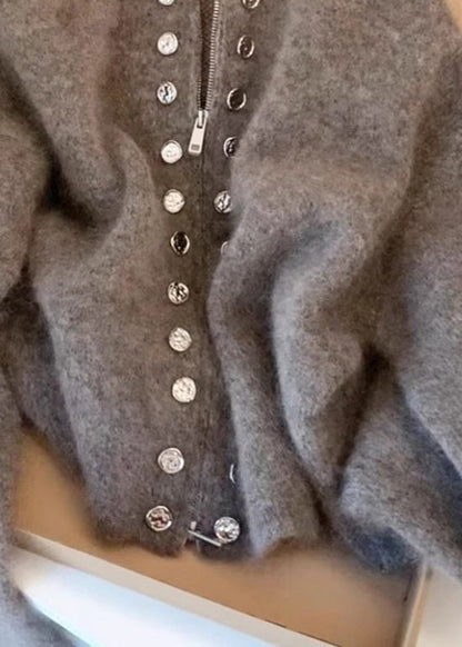 Beautiful Grey High Neck Zip Up Woolen Knit Cardigans Spring TN025
