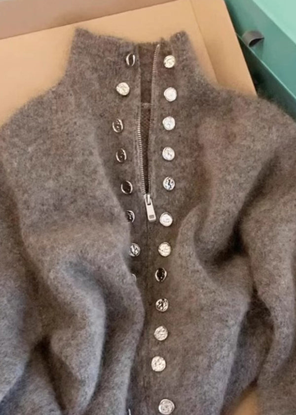 Beautiful Grey High Neck Zip Up Woolen Knit Cardigans Spring TN025